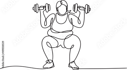 One line drawing of a plus size person in gym clothes doing a squat with dumbbells, minimalist style symbolizing strength and inclusive fitness

