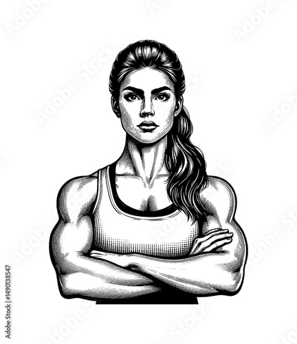 Muscular woman with arms crossed, looking forward with a serious expression in engraving style