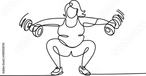 One line drawing of a plus size person in gym clothes doing a squat with dumbbells, minimalist style symbolizing strength and inclusive fitness

