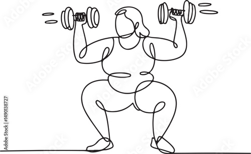 One line drawing of a plus size person in gym clothes doing a squat with dumbbells, minimalist style symbolizing strength and inclusive fitness

