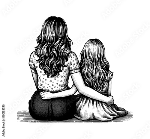 Engraved Illustration of Mother and Daughter Hugging, Sitting Back View, Expressing Love, Closeness, Black and White Detailed Drawing