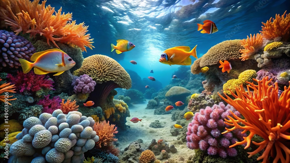Fototapeta premium Vibrant underwater scene showcasing a diverse array of colorful coral formations and a variety of tropical fish swimming amidst the reef