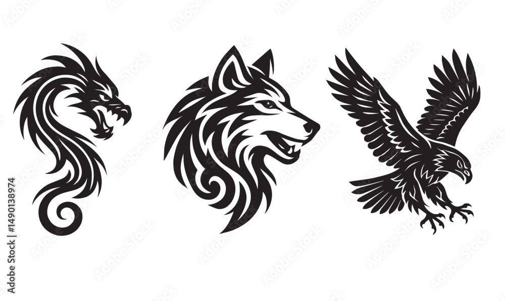 Fototapeta premium Tribal Animal Tattoo Set – Dragon, Wolf, and Eagle Silhouettes