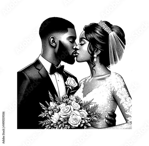 Romantic Black and White Drawing of an African American Bride and Groom Kissing