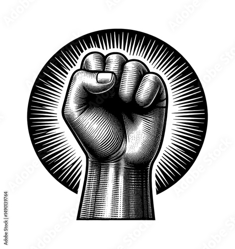Engraved Illustration of a Fist Clenched in Protest with Radial Rays Background