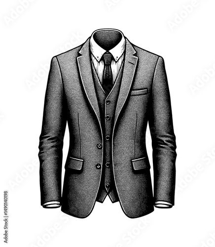 Elegant Mens Suit with Vest and Tie in Detailed Engraved Black and White Style