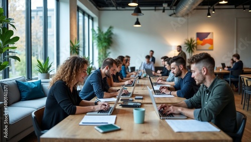 Trendy co-working space with modern furniture, collaborative areas, whiteboards, laptops, and natural lighting, diverse people working in teams