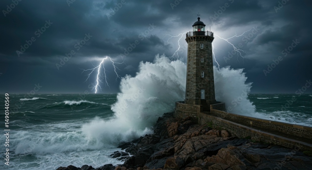 Obraz premium Stormy seas, powerful waves crashing against a lighthouse