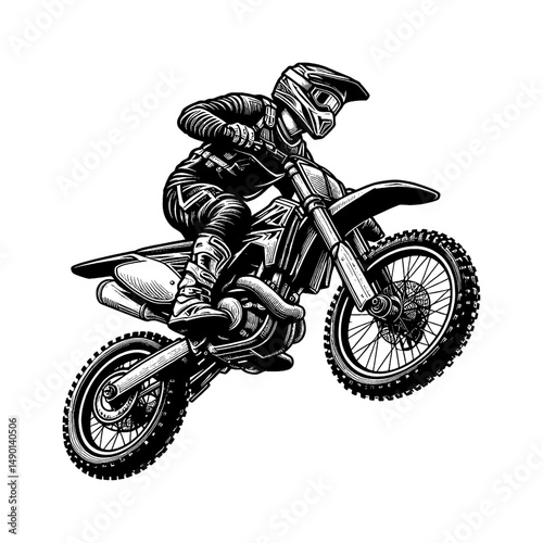 Line Art Illustration of a Motorcross Rider Jumping with Black and White Graphic Style