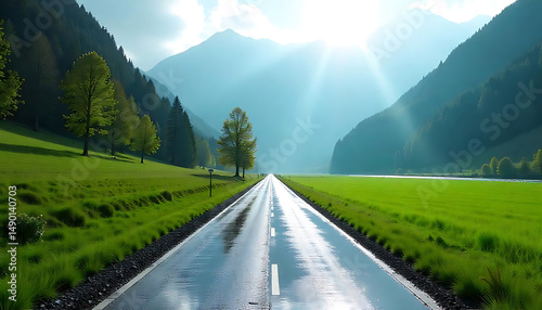 A wet road stretches ahead, framed by lush green fields, mountains, and trees in a serene landscape.