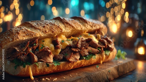 Delicious beef sandwich with melted cheese fresh herbs and crunchy baguette bread on a rustic wooden board illuminated by warm ambient lighting and bokeh background photo