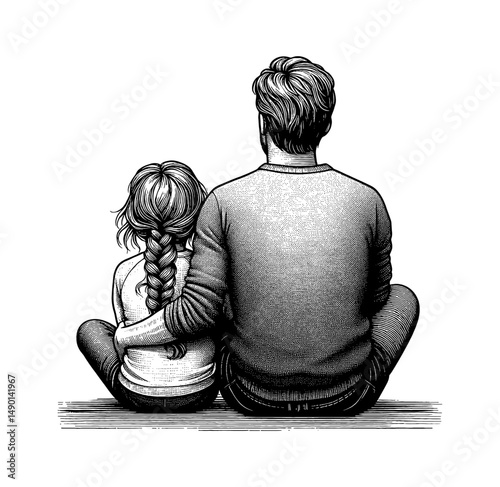 Father and Daughter Sitting Together with Back View in Detailed Black and White Line Art
