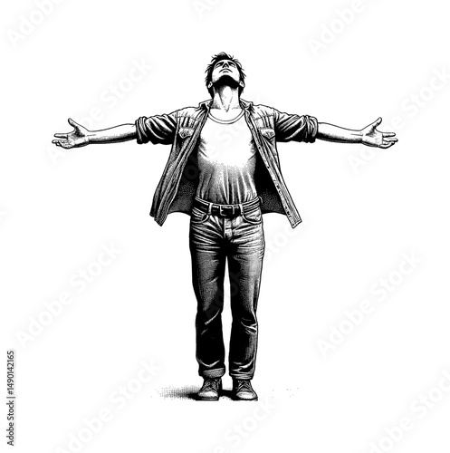 Man standing with arms outstretched looking up in detailed vintage black and white illustration