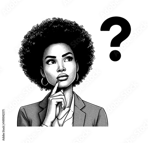 African American Woman Thinking with a Question Mark in Detailed Black and White Drawing