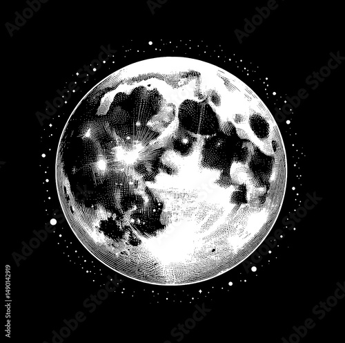 Detailed Engraving of the Moon with Craters and Stars on a Black Background
