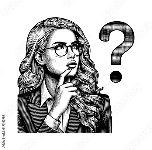 Woman in Suit Thinking with Question Mark in Black and White Engraving Style Vector