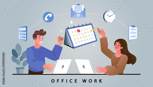 Office work and planning concept. A team of colleagues works with a calendar to schedule tasks and deadlines. Vector for project management, teamwork, and business productivity.