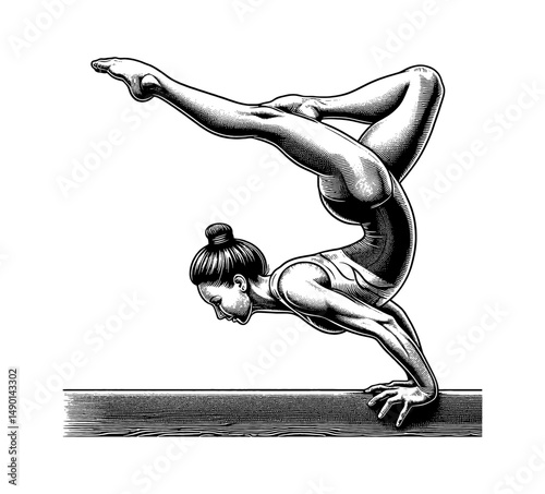 A female gymnast performs a handstand on a balance beam in an detailed engraved style