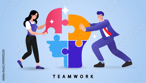 Business team assembling puzzle pieces. Teamwork, collaboration, partnership, and business solution concept. People working together to achieve success.