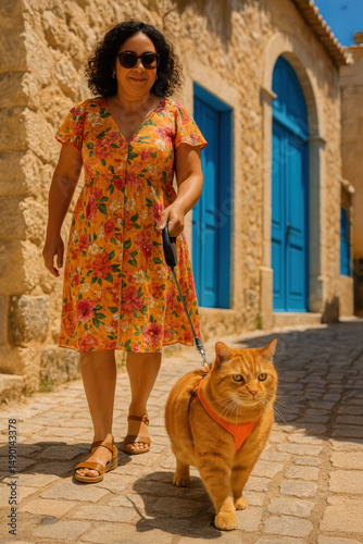Curly haired latina woman walking a ginger cat on a leash through a mediterranean village with stone walls and blue doors on a sunny day