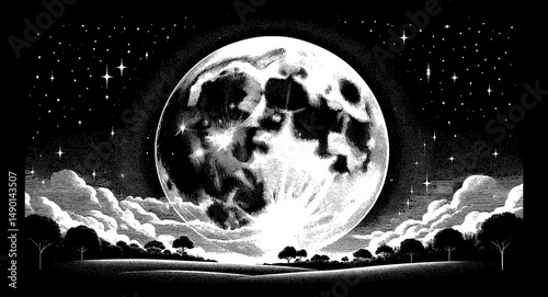 Engraved Illustration of Full Moon Shining Over a Night Landscape with Stars