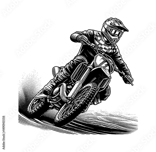 Detailed Black and White Illustration of a Motocross Rider Performing a Jump on a Dirt Bike