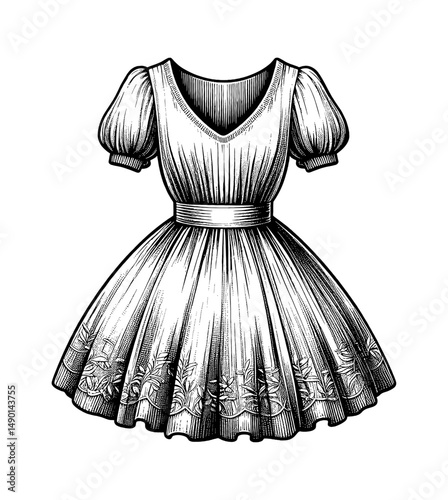 Detailed Engraving of Elegant Dress with Floral Pattern Hem and Short Sleeves