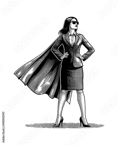 Confident Businesswoman in Suit and Sunglasses with Cape Standing Tall in Engraving Style