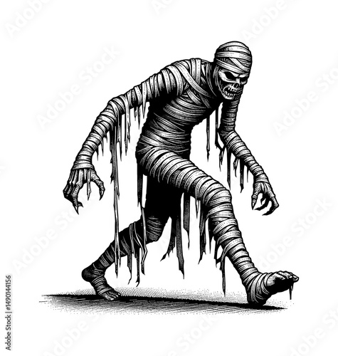 Creepy Walking Mummy Illustration with Bandages and Skull Face in Black and White Style