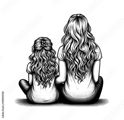 Back view of mother and daughter sitting closely with black and white engraved style