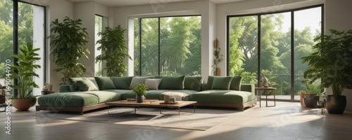 Modern living room  lush greenery  natural light  tropical  fiddle leaf fig  terrarium