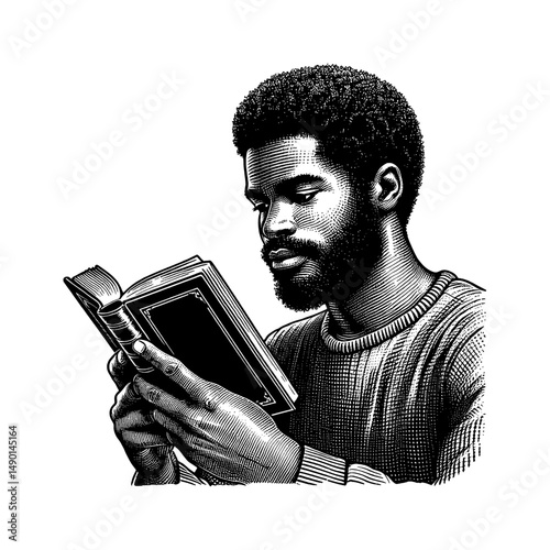 Focused Black Man Reading a Book in Detailed Engraving Style Illustration Black and White