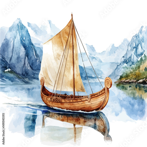 watercolor of Norwegian Viking Ship Sailing In The Fjords, vector high quality, isolated on a white background.