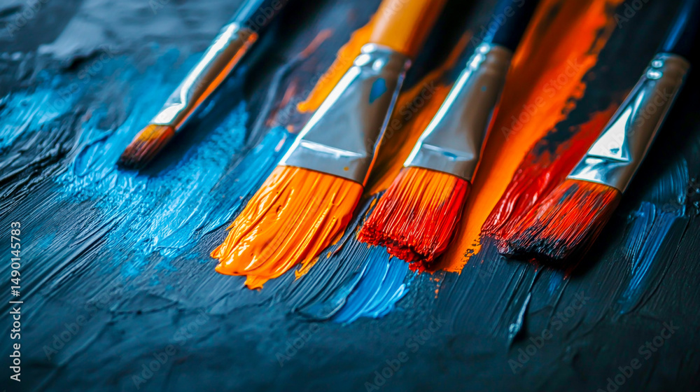 Obraz premium Paint Brush Strokes in Orange Blue and Red on Dark Surface