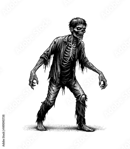 Creepy walking zombie with tattered clothes in detailed engraving style illustration