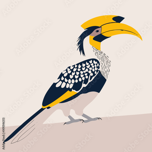 Great hornbill bird with striking black, white, and yellow plumage and a large casque on its beak.