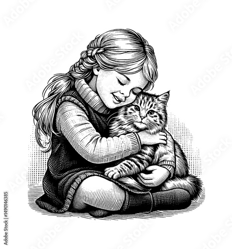 Girl Hugging Cat with Affectionate Embrace in Detailed Black and White Engraving Style Illustration