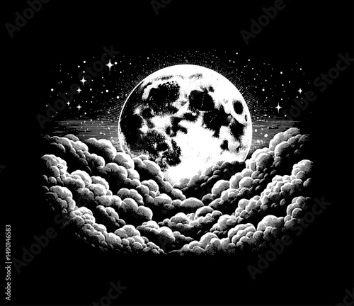 Engraved Illustration of Full Moon Surrounded by Clouds and Stars in a Dark Night Sky