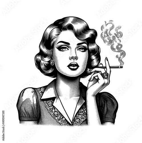 Vintage Engraving of Woman Smoking Cigarette with Curly Hair and Classy Dress in Black and White