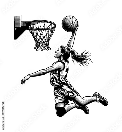 Female Basketball Player in Mid Air About to Dunk Ball, Viewed From Side in Detailed Engraving Art
