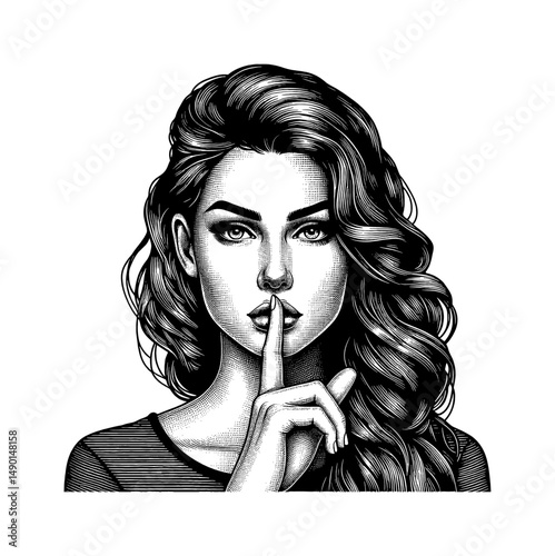Portrait of a young woman with finger on lips in black and white engraved style drawing