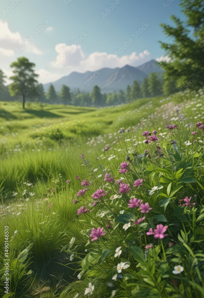Obraz premium Lush meadow, flowering plants, vibrant green, summer's day , nature, photography, plant