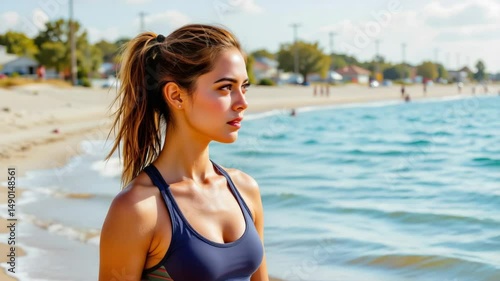Young Woman Enjoying Sunny Beach Day with Calm Ocean and Blue Sky in Background