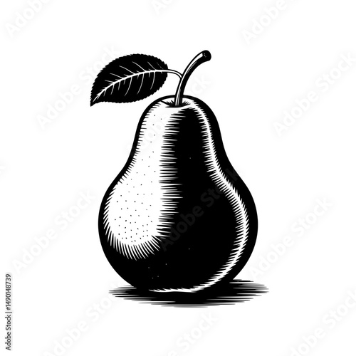 Black illustration of a pear with leaf