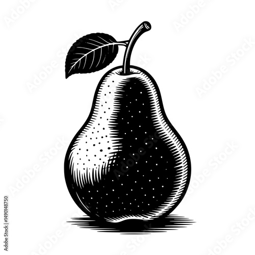 Black illustration of a pear with leaf