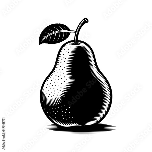 Black illustration of a pear with leaf