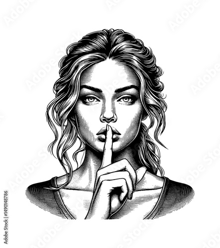 Woman with Finger on Lips Asking to be Quiet in Detailed Black and White Line Art