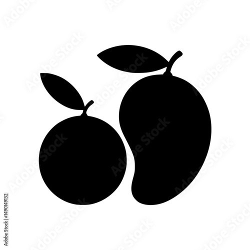 Silhouette of mango and orange fruit with leaf