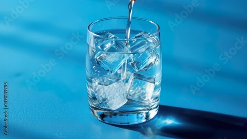Refreshing glass of water with ice cubes on a vibrant blue surface illuminated by soft natural light