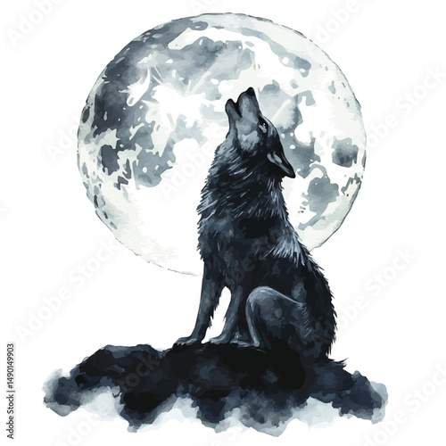 Norse Wolf Fenrir Howling At The Moon, watercolor drawing vector, high quality, isolated on a white background.